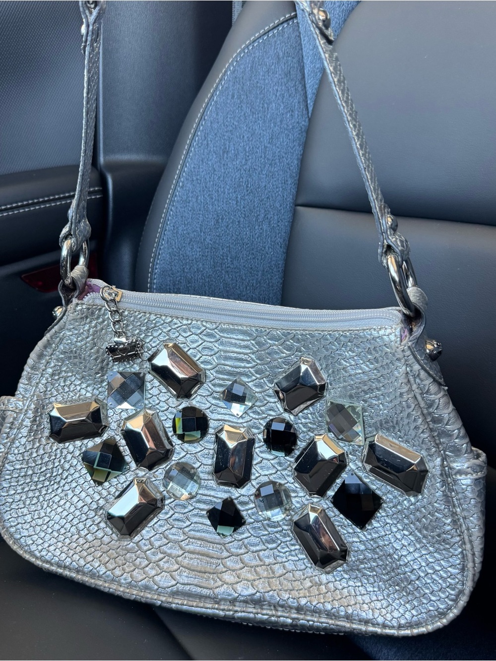 Kathy Van Zeeland Stone Age Shopper Handbag Purse Metallic Silver